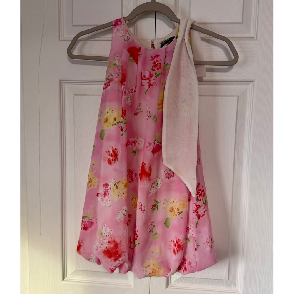 Btween Kids Girls Pink Floral Bubble Dress with White Bow Accent Size 8